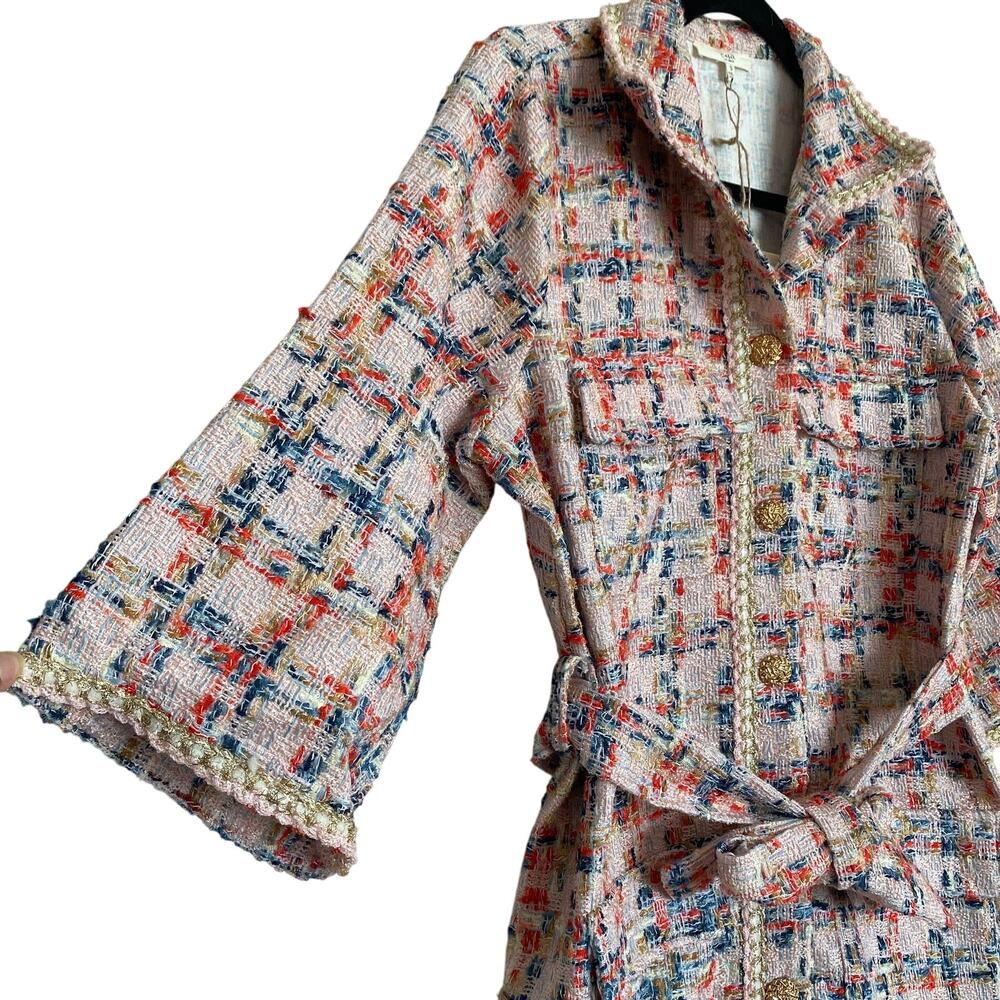 Easel Tweed Belted Shirt Dress/Coat, Teal Blush - Picture 9 of 11